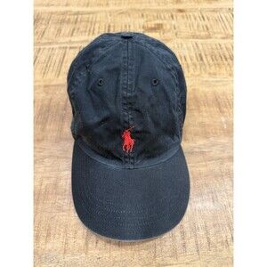 Polo Ralph Lauren Black Hat Cap Strap Back Mens One Size Adjustable Red Logo